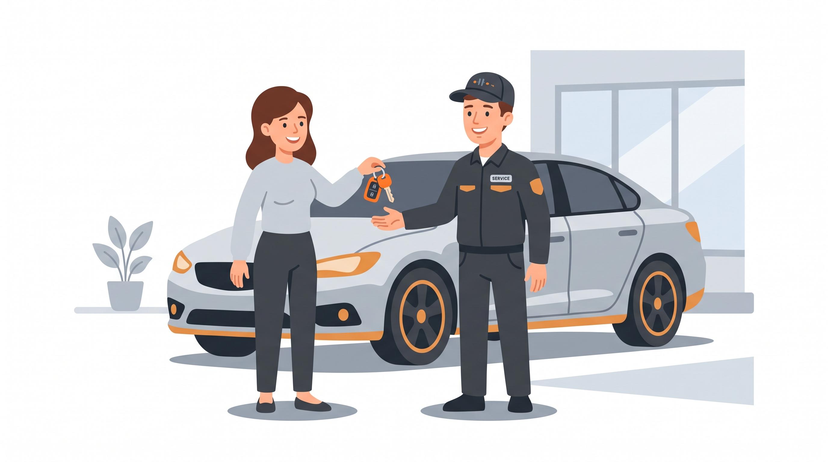 Servicar handing car keys back to a happy customer